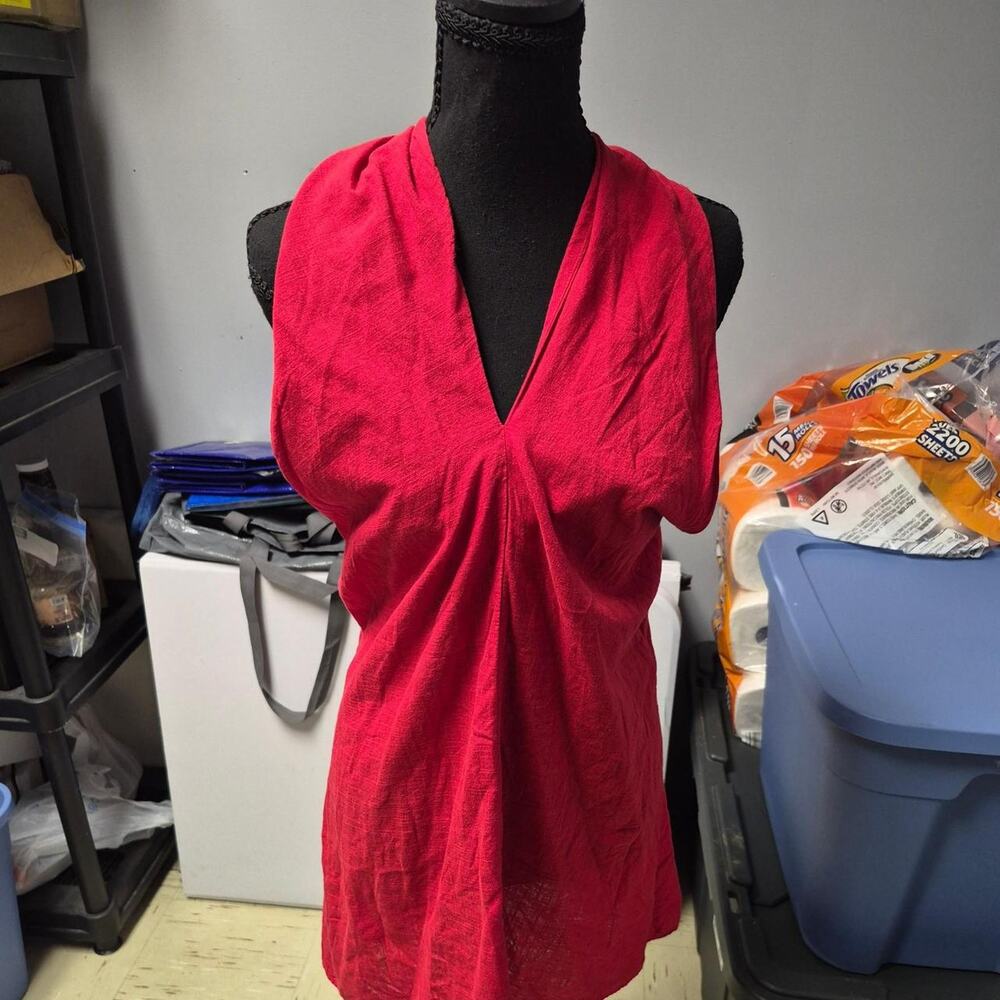 Red linen blouse with black